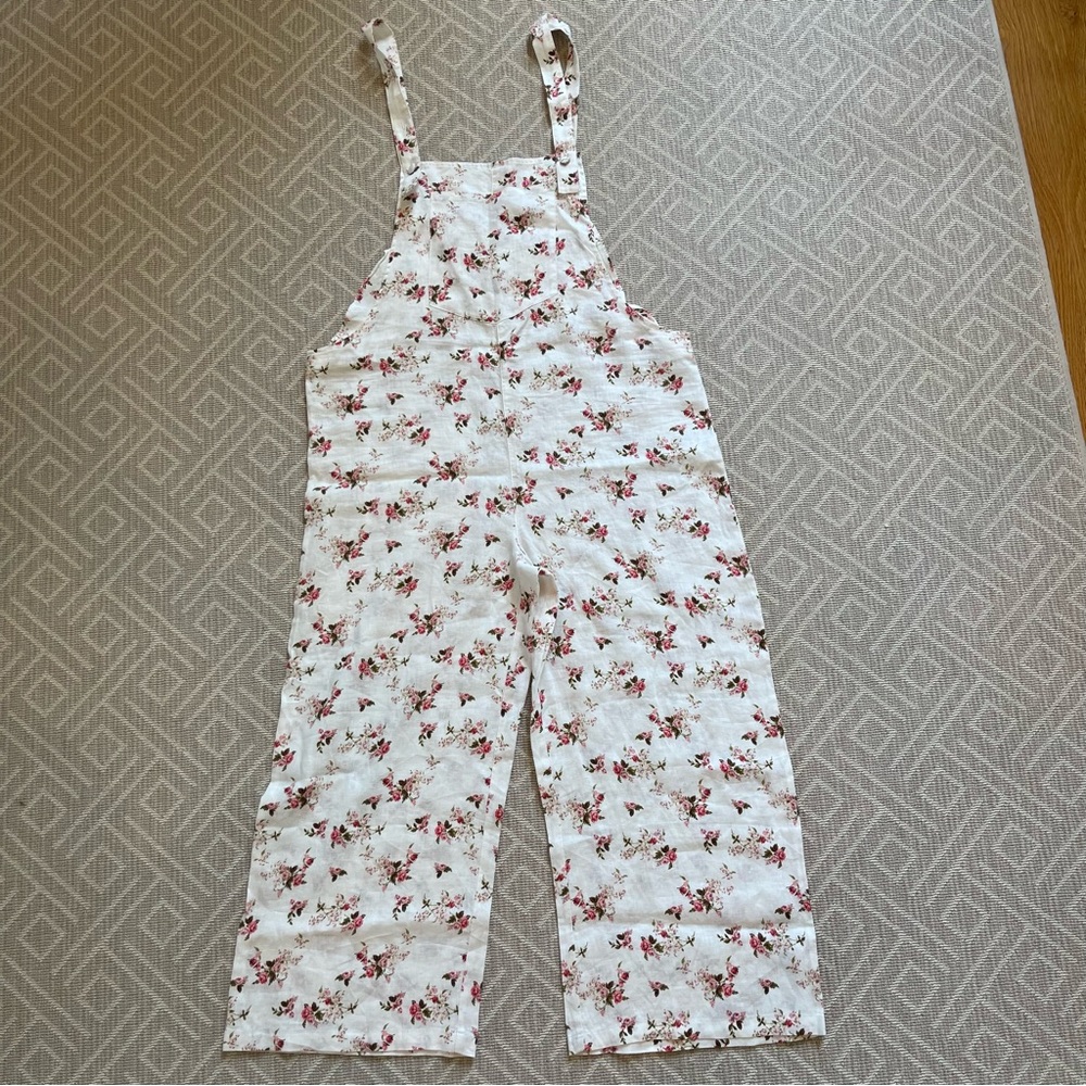 NWT Zara Cream Floral Linen Jumpsuit - Size Large